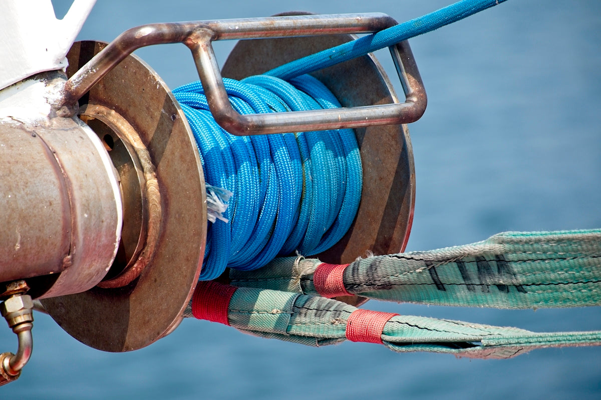 Blue rope wound on a metal spool