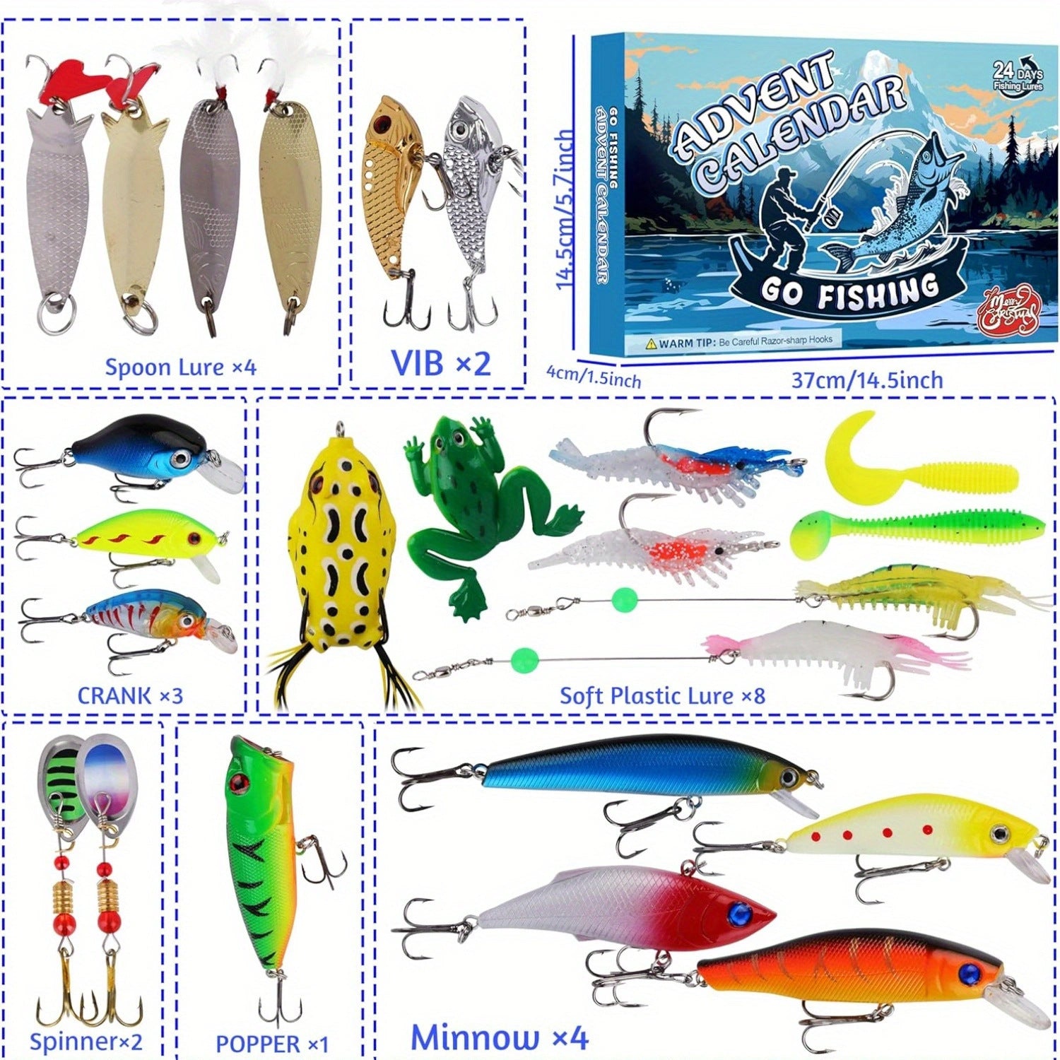 24 Baits/Lures Advent Calendar Mystery Tackle Box for bass trout and more The perfect gift for any fisherman