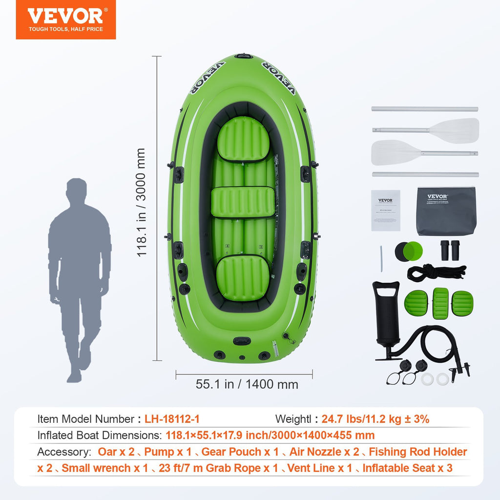VEVOR Inflatable Boat, 5-Person Inflatable Fishing Boat, Strong PVC Portable Boat Raft Kayak,  Aluminum Oars, High-Output Pump, Fishing Rod Holders, And 2 Seats, 1100 Lb Capacity For Adults, Kids