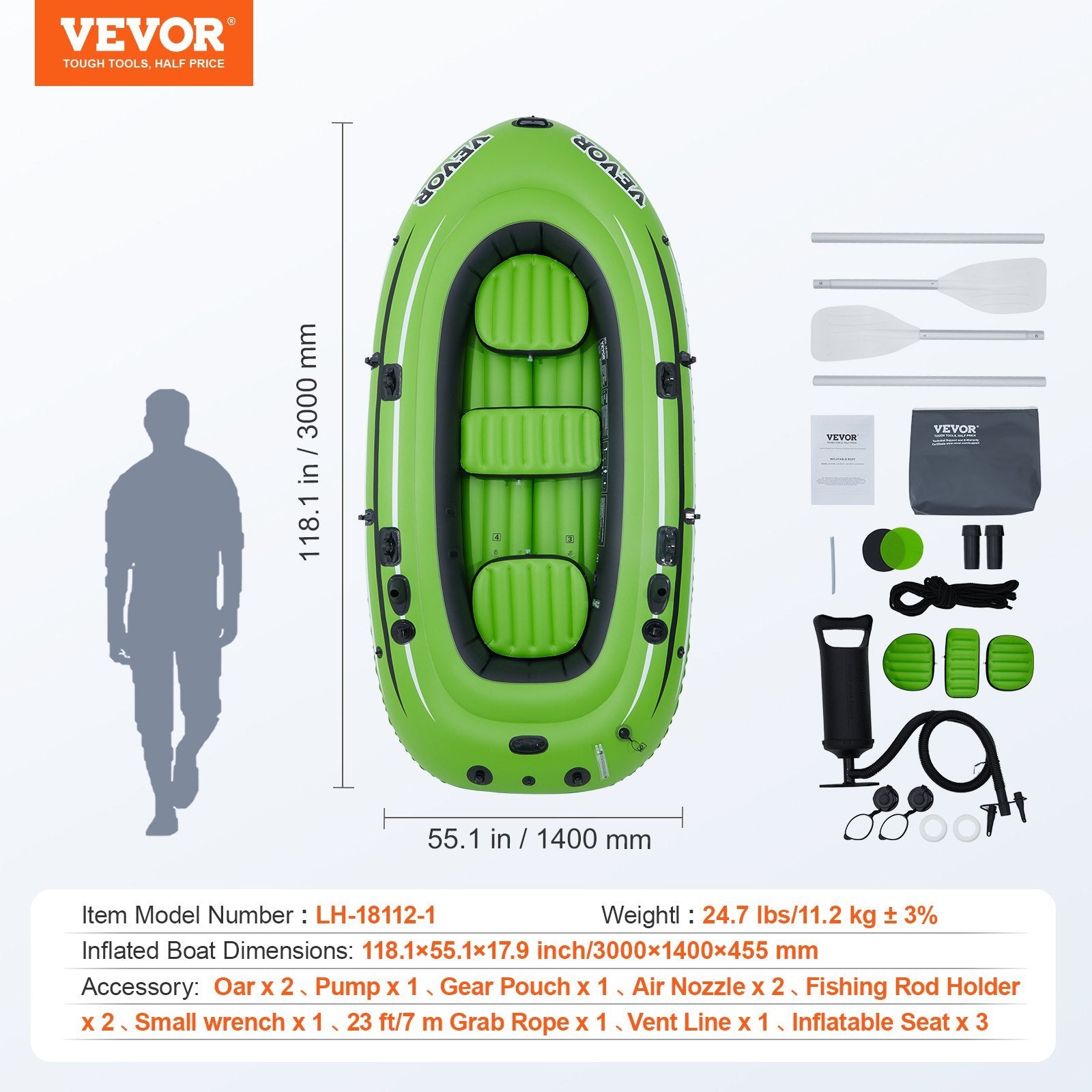 VEVOR Inflatable Boat, 5-Person Inflatable Fishing Boat, Strong PVC Portable Boat Raft Kayak,  Aluminum Oars, High-Output Pump, Fishing Rod Holders, And 2 Seats, 1100 Lb Capacity For Adults, Kids