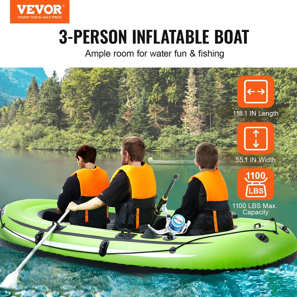 VEVOR Inflatable Boat, 5-Person Inflatable Fishing Boat, Strong PVC Portable Boat Raft Kayak,  Aluminum Oars, High-Output Pump, Fishing Rod Holders, And 2 Seats, 1100 Lb Capacity For Adults, Kids